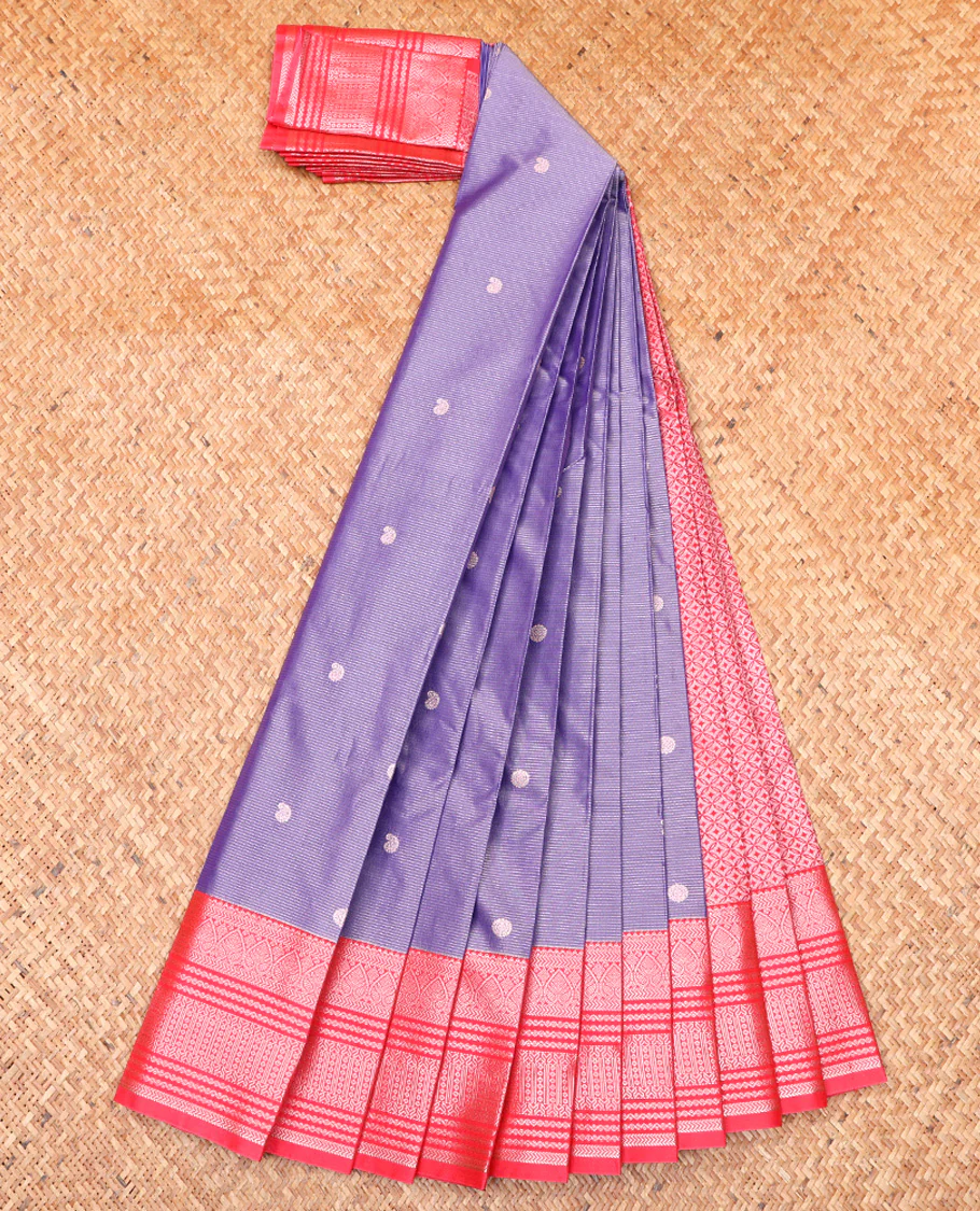 Lavender Budget Silk Saree, Subtly Sparkled With Zari Buttas and Stripes All Over Its Body, Complemented by Contrast Traditional Zari Designs Woven Border, Grand Jaal Pallu and Paired with a Contrast Blouse - Image 2