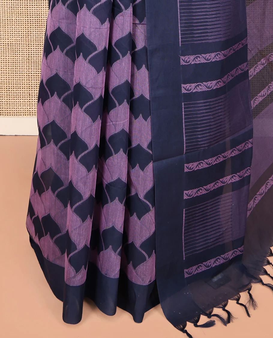 Lavender Coimbatore Cotton Saree, Adorned with Scallop Design on Its Body, a Contrast Plain Border, Pallu of Floral Creeper, and Stripes, and Paired with Contrast Blouse - Image 3