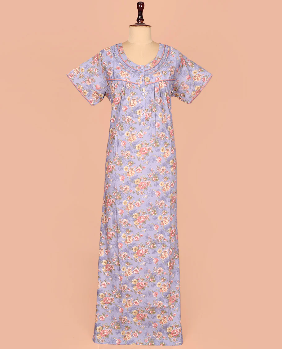 Lavender Cotton Nighty Decked Up with Floral Print, Featuring Lace Work, Round Front Neck, and Half Sleeves - Image 2