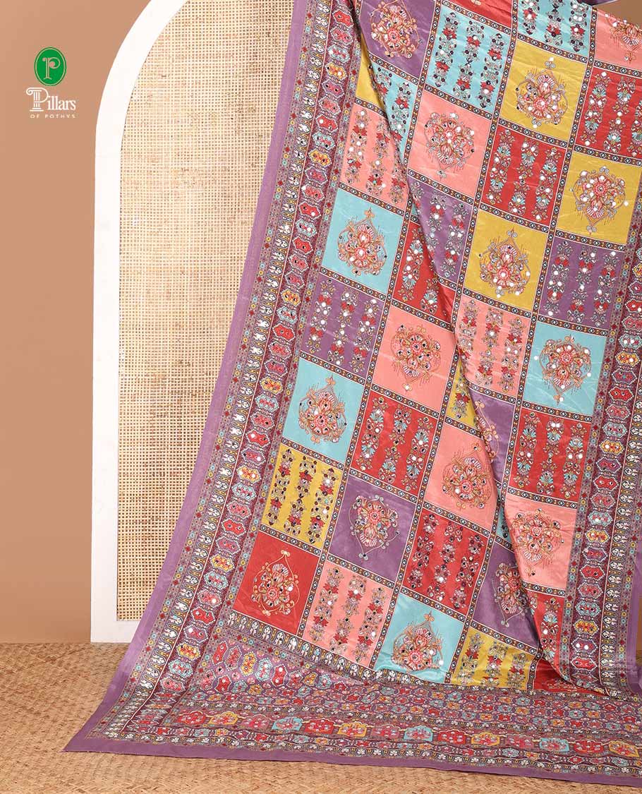 Lavender half-&-half style geometric print & mirror work masakali saree, self-border & pallu of print & mirror work, plain blouse - Image 2