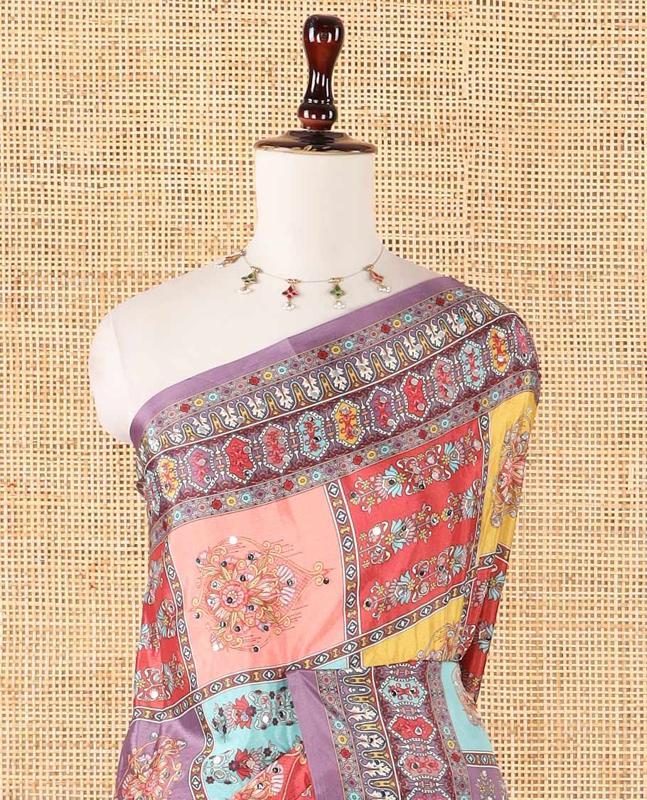 Lavender half-&-half style geometric print & mirror work masakali saree, self-border & pallu of print & mirror work, plain blouse - Image 3