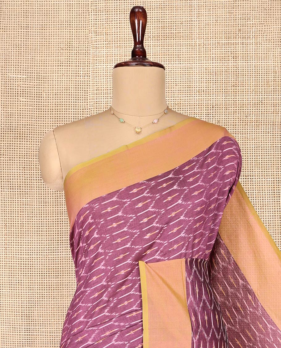 Lavender Ikkat Cotton Saree, Accentuated with Ikkat-Style Ogee Patterns on Its Body, Complemented by Contrast Plain Border, Pallu of Ikkat Buttas, and Has No Blouse - Image 2