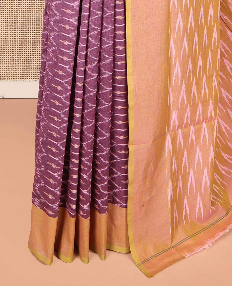Lavender Ikkat Cotton Saree, Accentuated with Ikkat-Style Ogee Patterns on Its Body, Complemented by Contrast Plain Border, Pallu of Ikkat Buttas, and Has No Blouse - Image 3