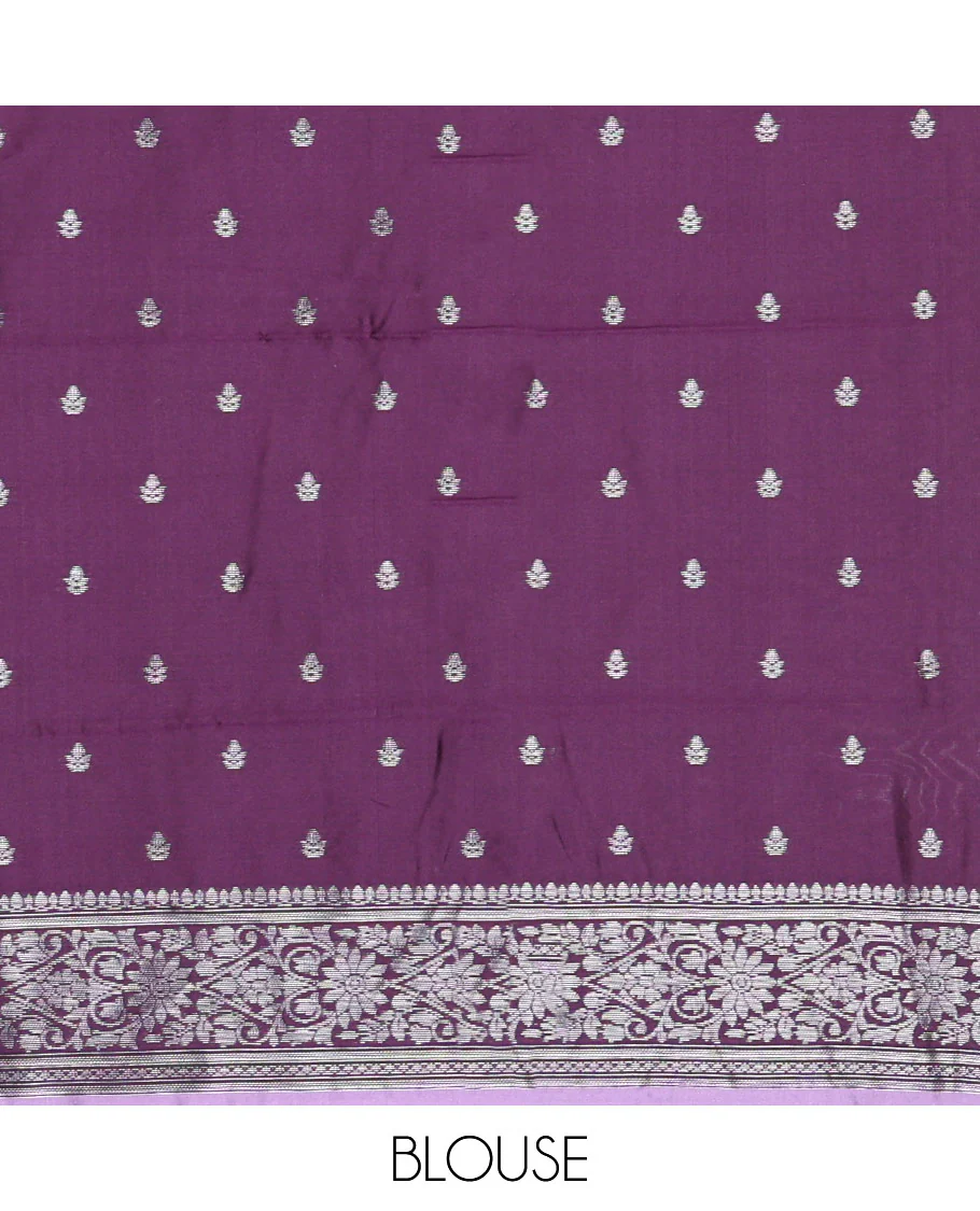 Lavender Kanchi Silk Saree, Adorned with Zari Buttas All Over Its Body, Complemented by a Contrast Border of Unique Buttas, Pallu Grandly Woven with Intricate Designs, and Paired with a Contrast Blouse - Image 3