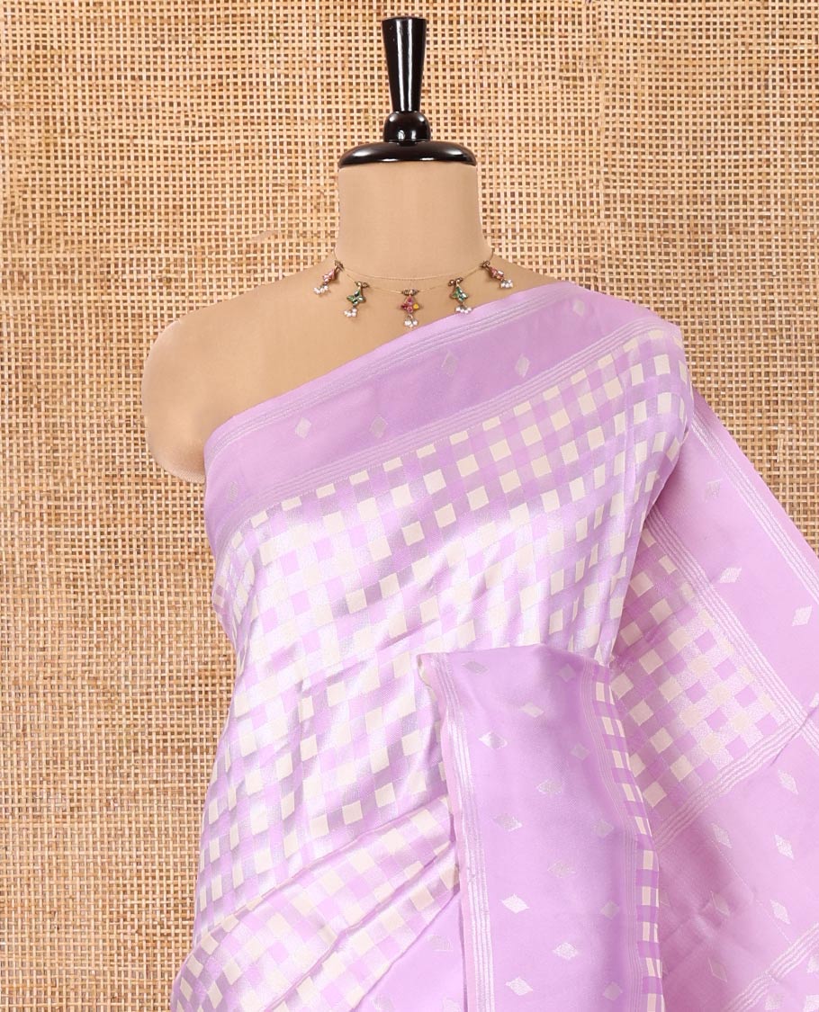Lavender Kanchi Silk Saree, Enlivened with Checked Design on Its Body, Highlighted by a Self-Border of Diamond Patterns, Pallu Steeped with Buttas, and Paired with a Matching Blouse - Image 2