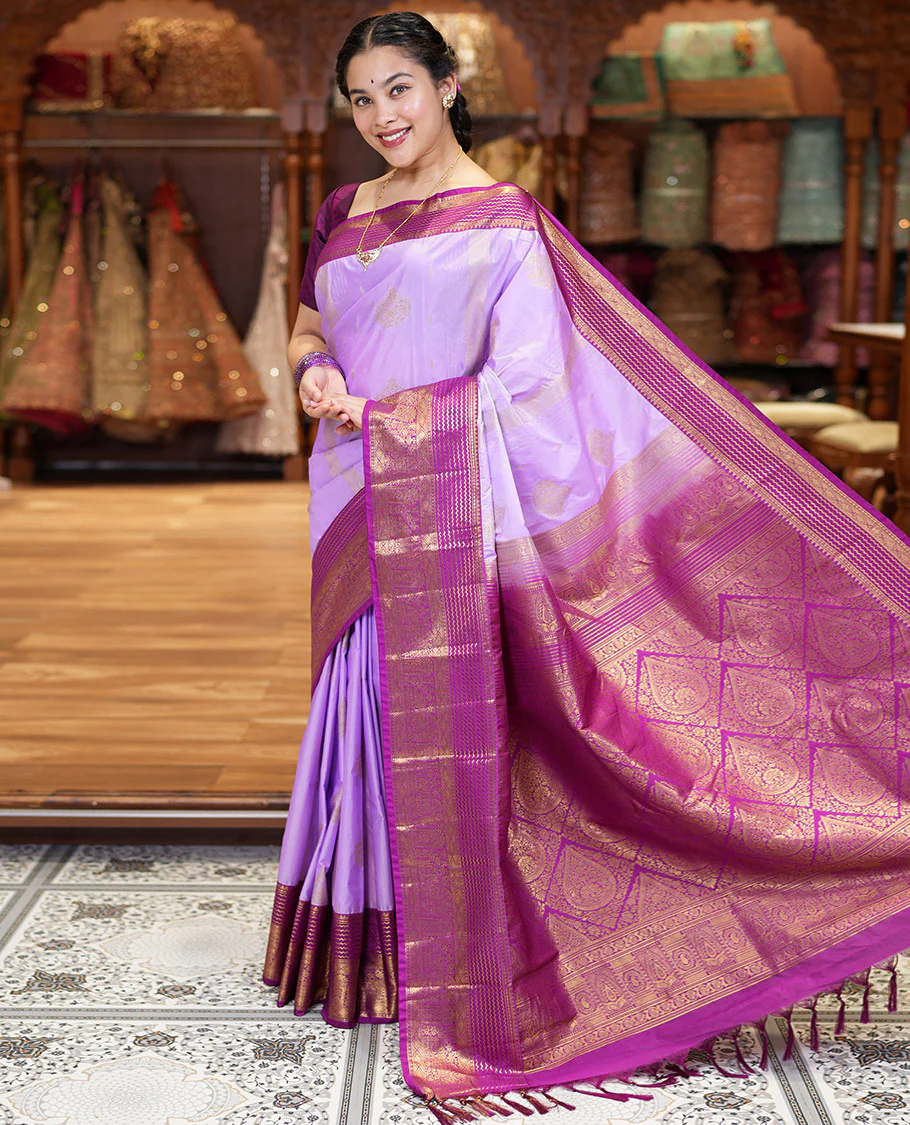 Lavender Kanchipuram Budget Silk Saree, Accentuated with Zari Buttas and Zari Stripes All Over Its Body, Complemented by a Contrast Traditional Zari Design Border, Zari-Rich Jaal Pallu, and Paired with a Contrast Blouse - Image 2