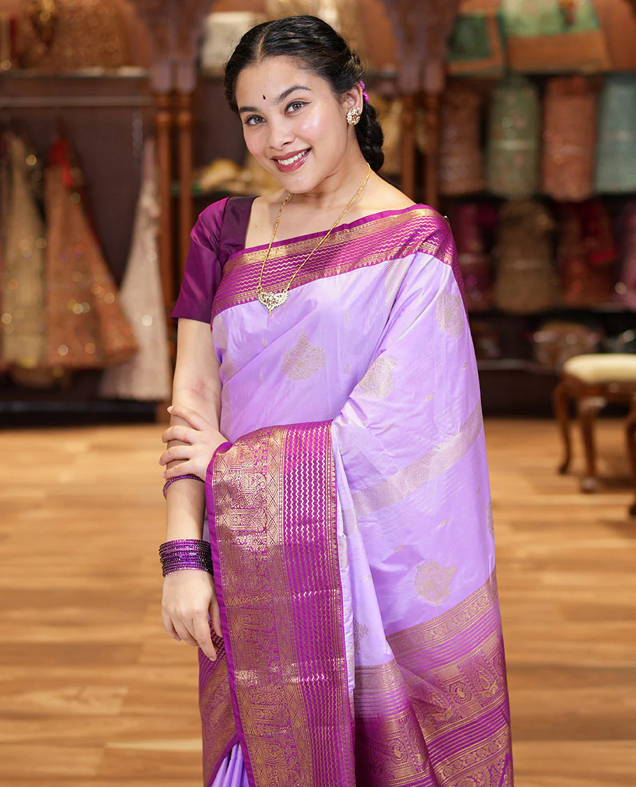 Lavender Kanchipuram Budget Silk Saree, Accentuated with Zari Buttas and Zari Stripes All Over Its Body, Complemented by a Contrast Traditional Zari Design Border, Zari-Rich Jaal Pallu, and Paired with a Contrast Blouse - Image 3