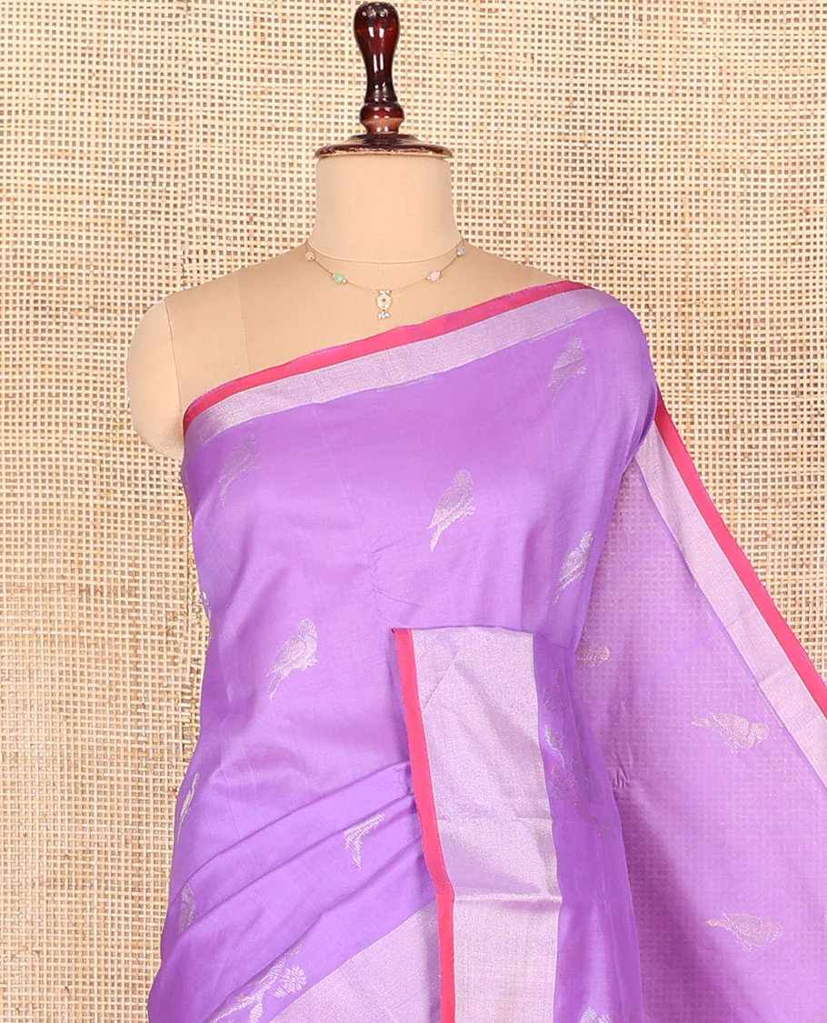 Lavender Kuppadam Cotton Saree, Subtly Sparkled with Bird Buttas All Over Its Body, Complemented by Bavanji Border, Contrast Pallu of Ogee Patterns, and Paired with a Contrast Blouse - Image 2