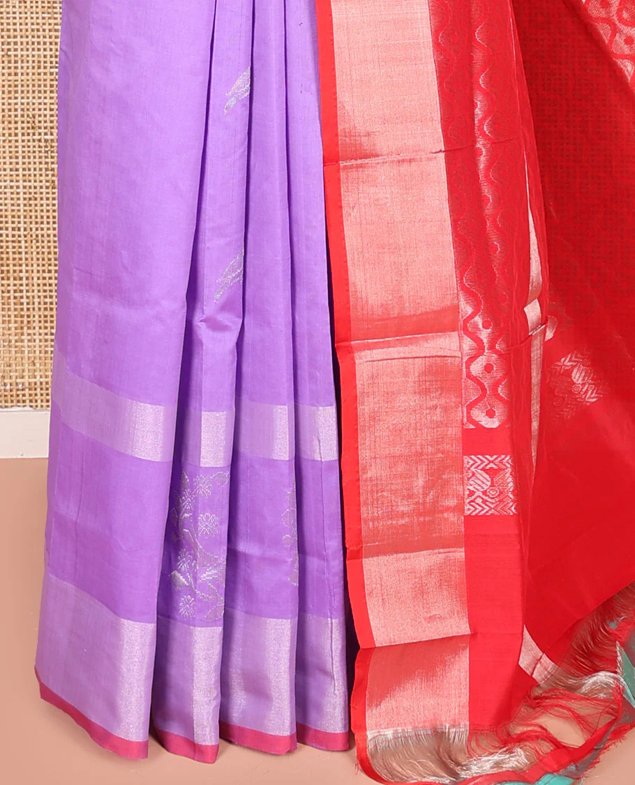 Lavender Kuppadam Cotton Saree, Subtly Sparkled with Bird Buttas All Over Its Body, Complemented by Bavanji Border, Contrast Pallu of Ogee Patterns, and Paired with a Contrast Blouse - Image 3