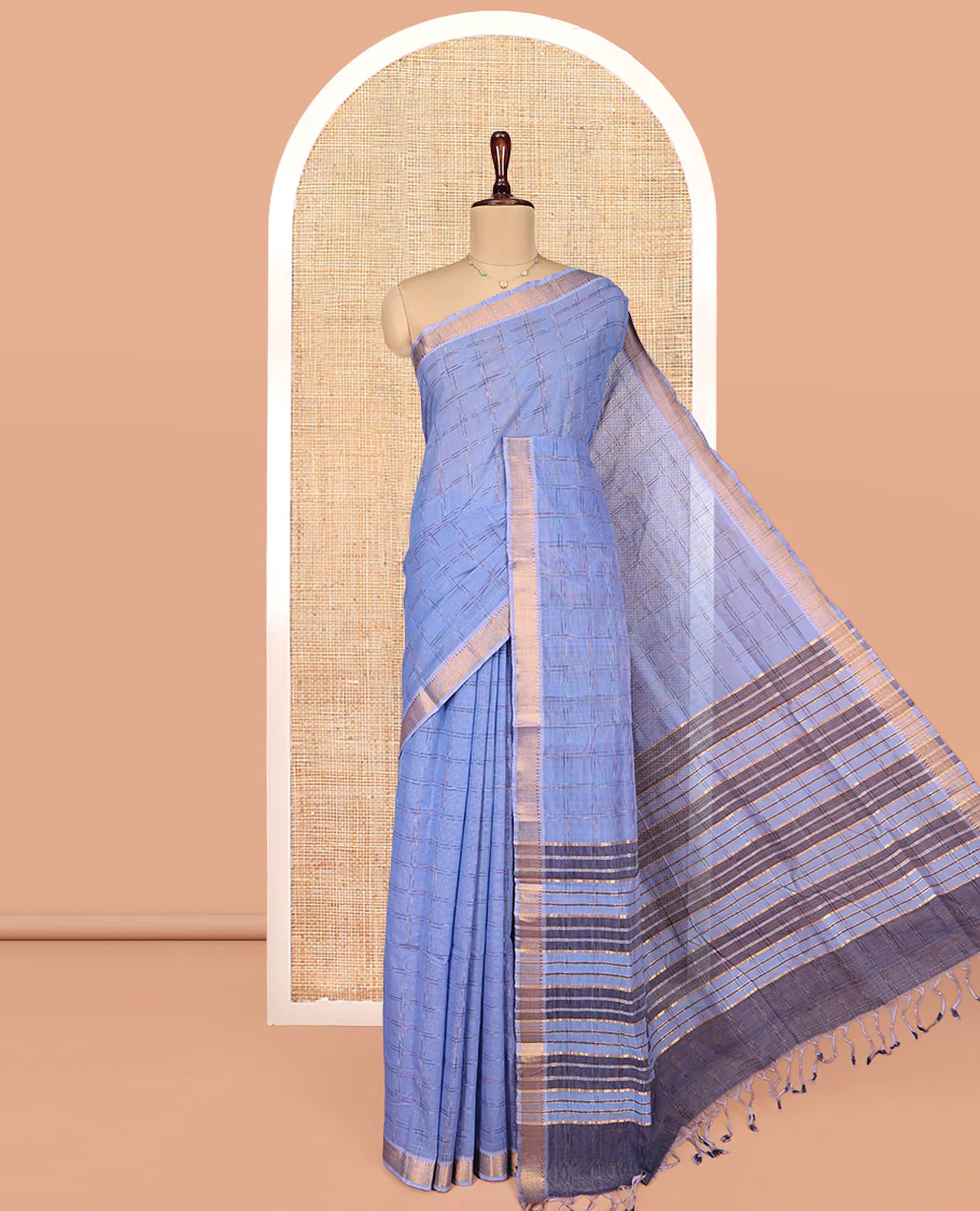 Lavender Mangalgiri Cotton Saree, Adorned with Checked Design on Its Body, Highlighted by Zari Temple Border, Zari-Striped Pallu, and Paired with a Contrast Blouse