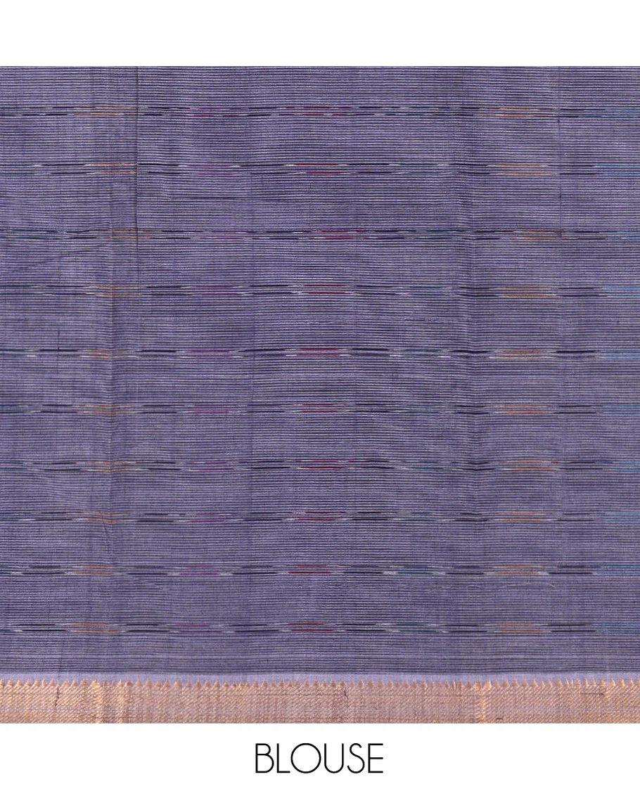 Lavender Mangalgiri Cotton Saree, Adorned with Checked Design on Its Body, Highlighted by Zari Temple Border, Zari-Striped Pallu, and Paired with a Contrast Blouse - Image 4