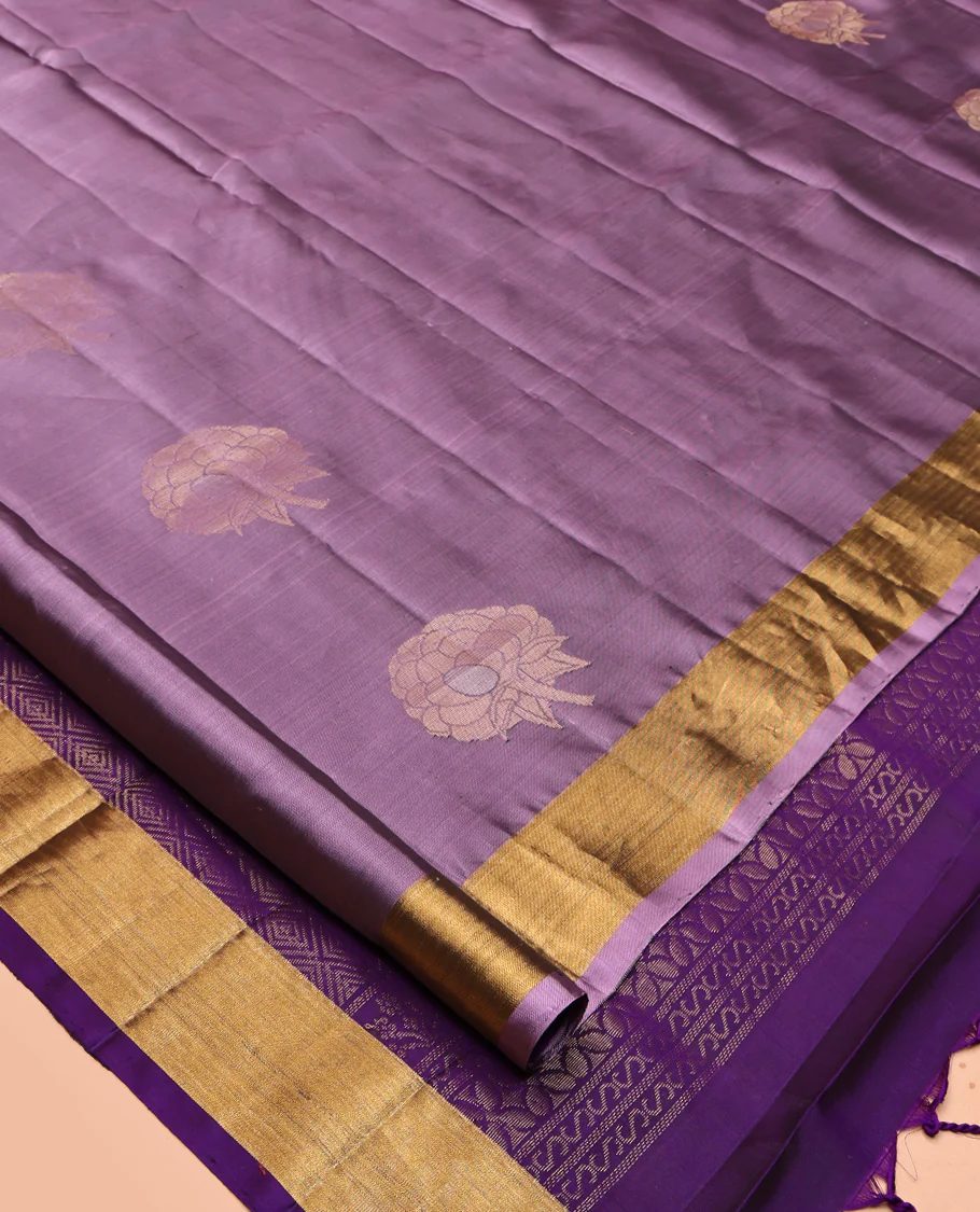 Lavender Mayuri Lite Silk Mix Saree, Beautified with Zari Buttas All Over Its Body, Highlighted by Zari Bavanji Border, Complemented by Contrast Pallu of Jaal Designs, and Paired with a Contrast Blouse - Image 2