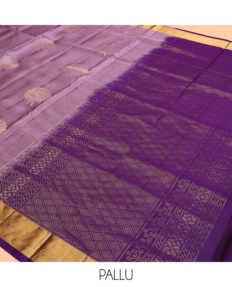 Lavender Mayuri Lite Silk Mix Saree, Beautified with Zari Buttas All Over Its Body, Highlighted by Zari Bavanji Border, Complemented by Contrast Pallu of Jaal Designs, and Paired with a Contrast Blouse - Image 5