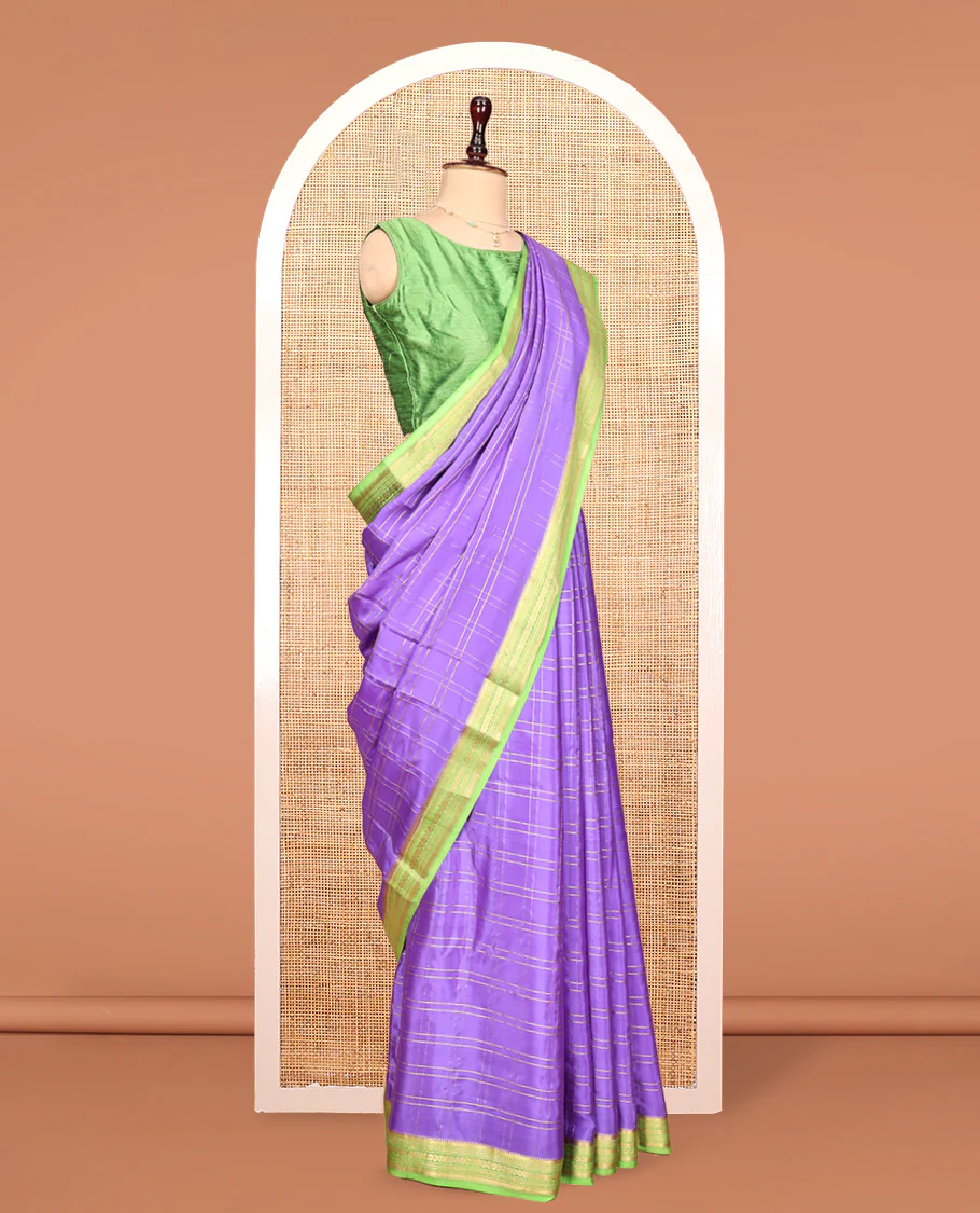 Lavender Mysore Silk Saree, Gleamed Up with Zari Checked Designs, Complemented by a Contrast Traditional Zari Design Border, Pallu Steeped with Zari Stripes, and Paired with a Contrast Blouse - Image 3