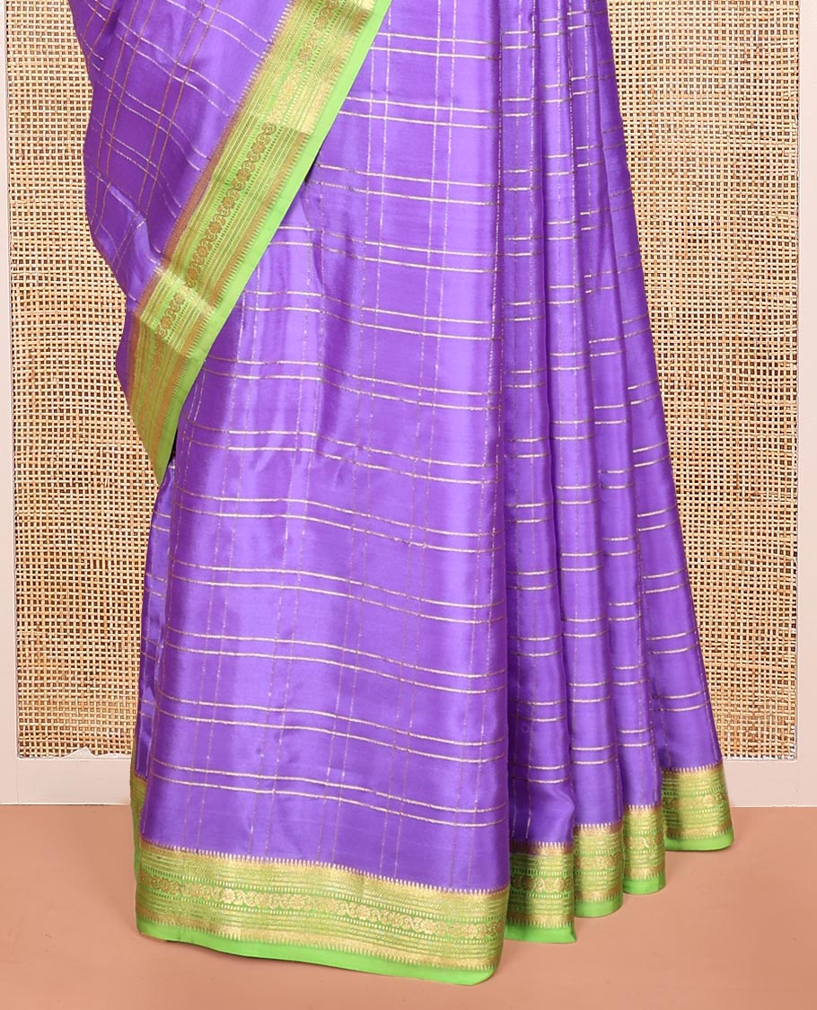 Lavender Mysore Silk Saree, Gleamed Up with Zari Checked Designs, Complemented by a Contrast Traditional Zari Design Border, Pallu Steeped with Zari Stripes, and Paired with a Contrast Blouse - Image 4
