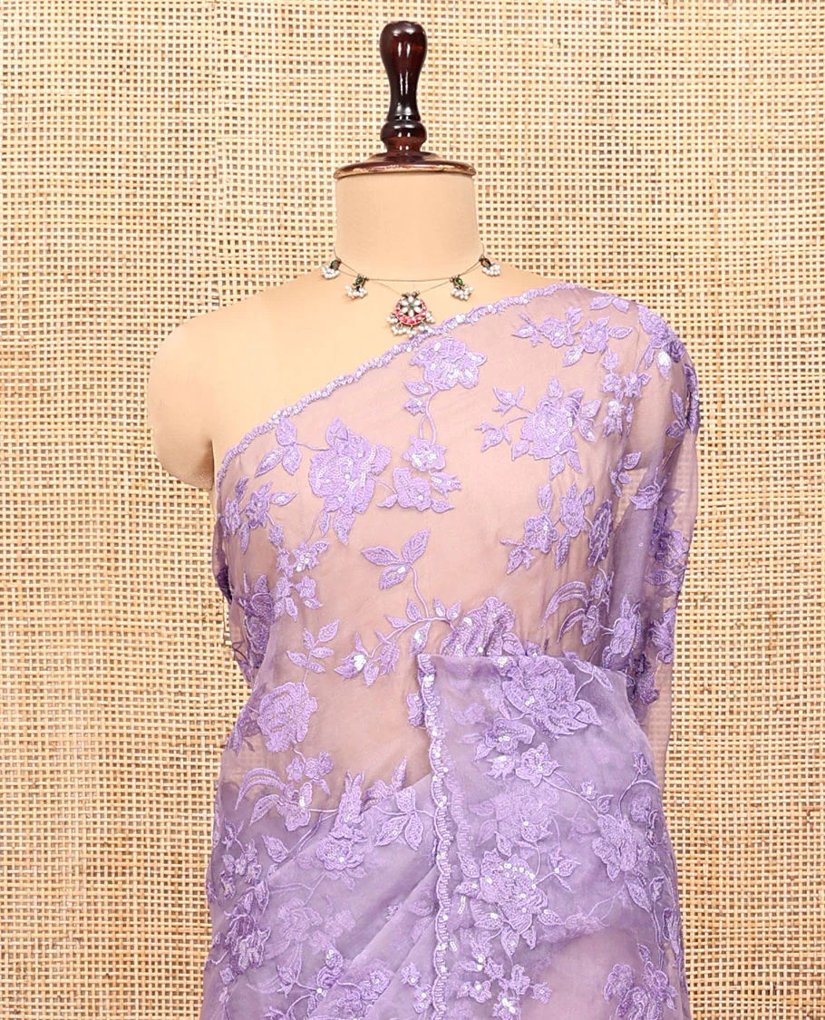 Lavender Organza Saree, Prettified with Floral Vine Sequins-Thread Embroidery, Scallop-Embroidered Border, and a Matching Blouse - Image 2