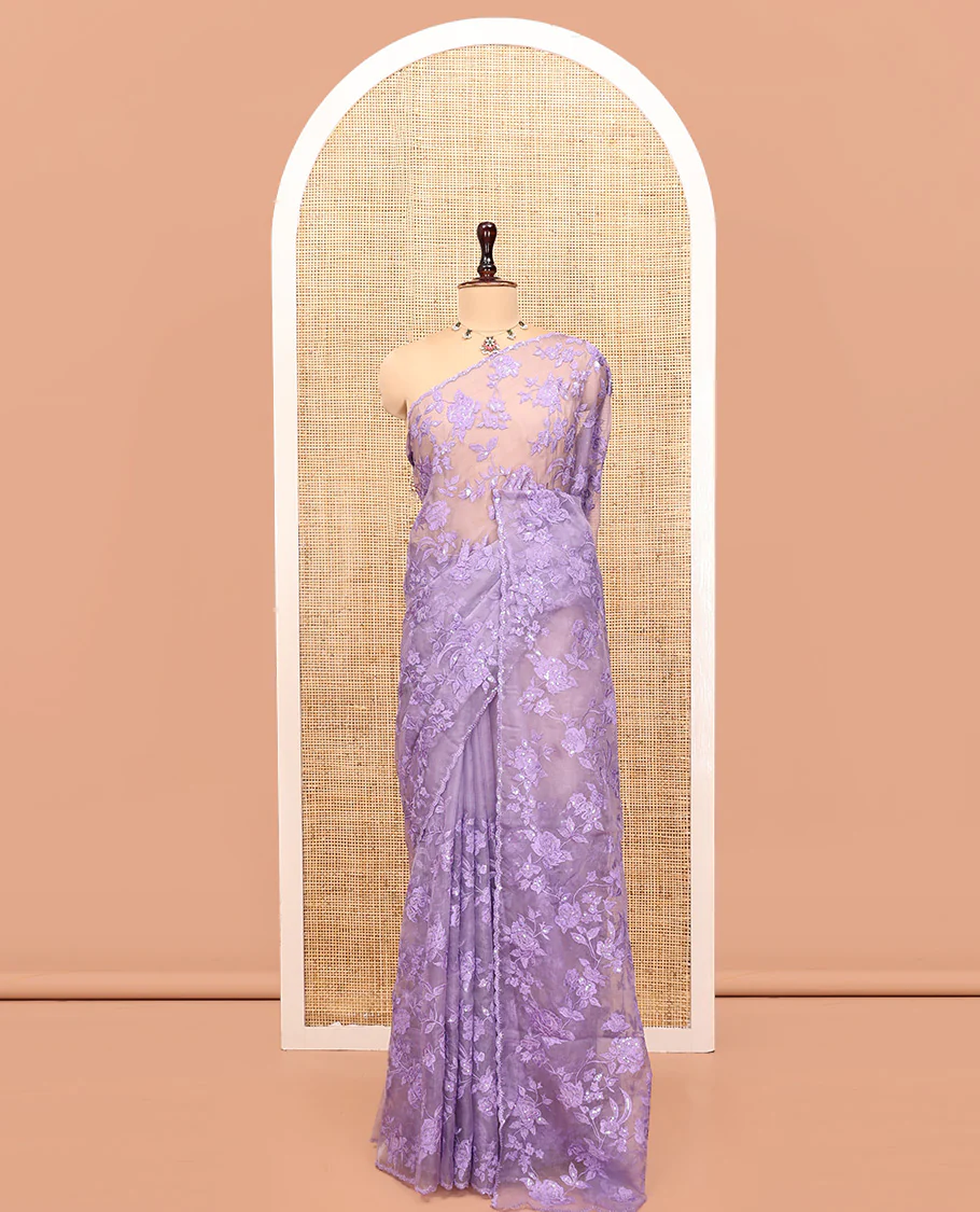 Lavender Organza Saree, Prettified with Floral Vine Sequins-Thread Embroidery, Scallop-Embroidered Border, and a Matching Blouse - Image 3