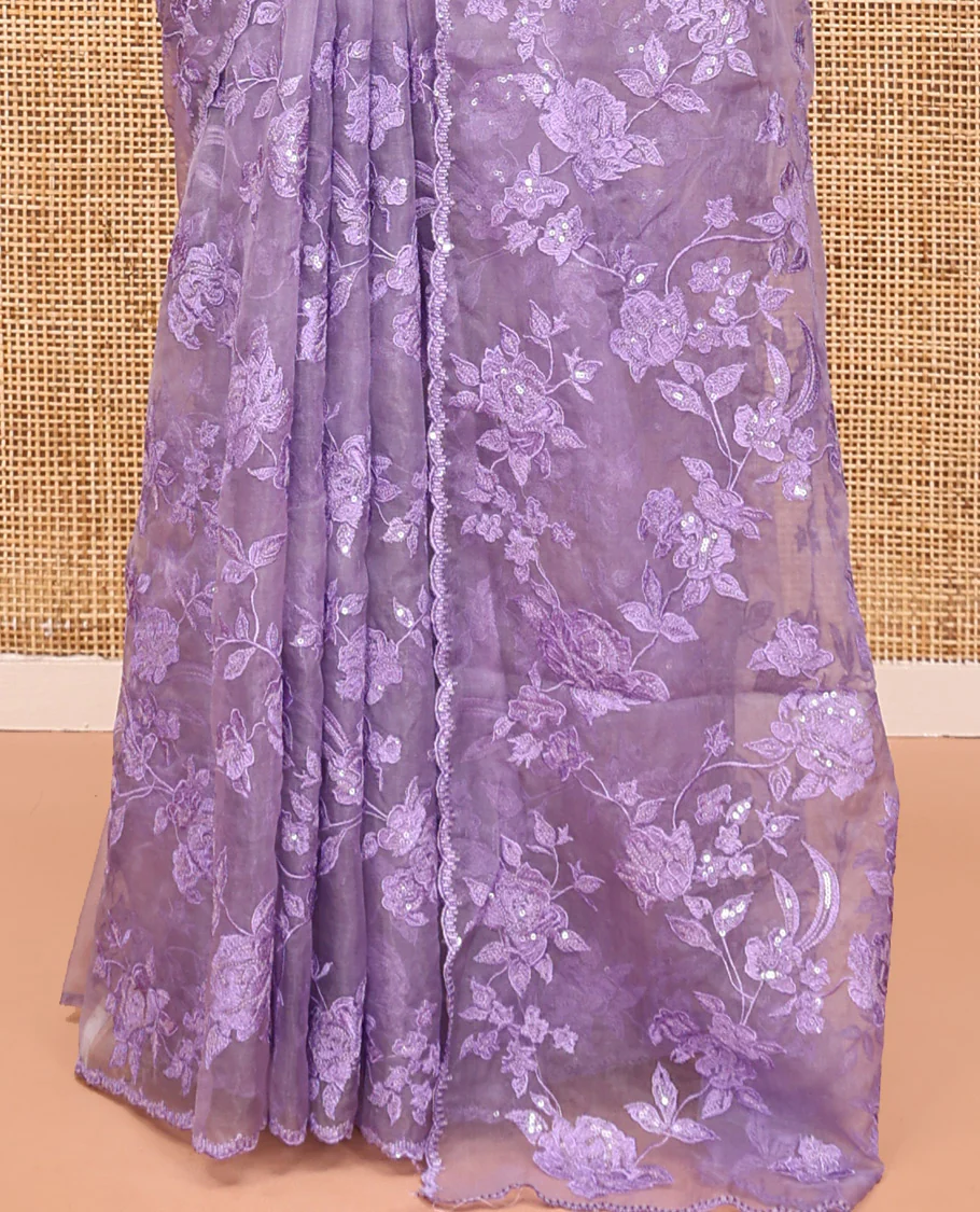 Lavender Organza Saree, Prettified with Floral Vine Sequins-Thread Embroidery, Scallop-Embroidered Border, and a Matching Blouse - Image 4