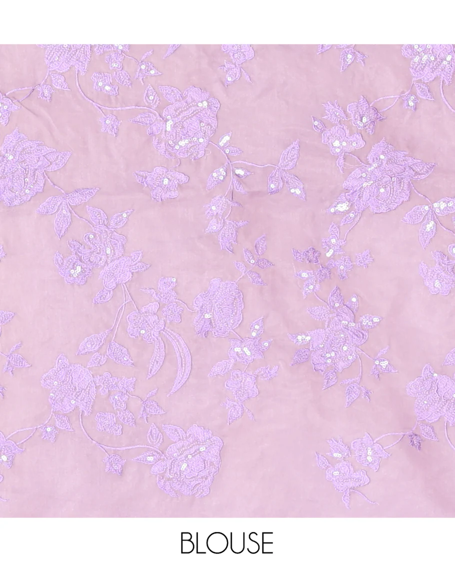 Lavender Organza Saree, Prettified with Floral Vine Sequins-Thread Embroidery, Scallop-Embroidered Border, and a Matching Blouse - Image 5