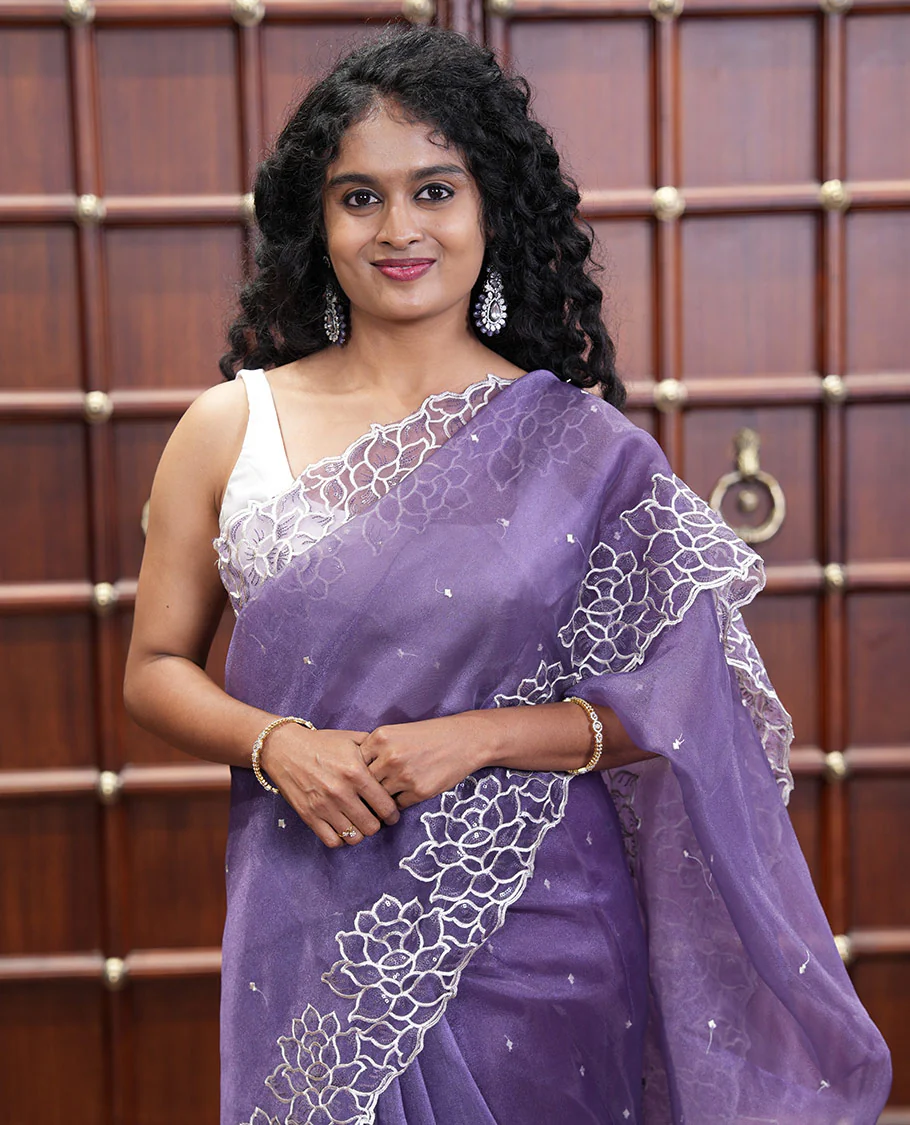 Lavender Organza Saree, Subtly Sparkled with Embroidered Buttas Across Its Body, Highlighted by a Scallop Floral Thread Embroidered Border, a Self-Pallu, and Paired with a Matching Blouse - Image 2