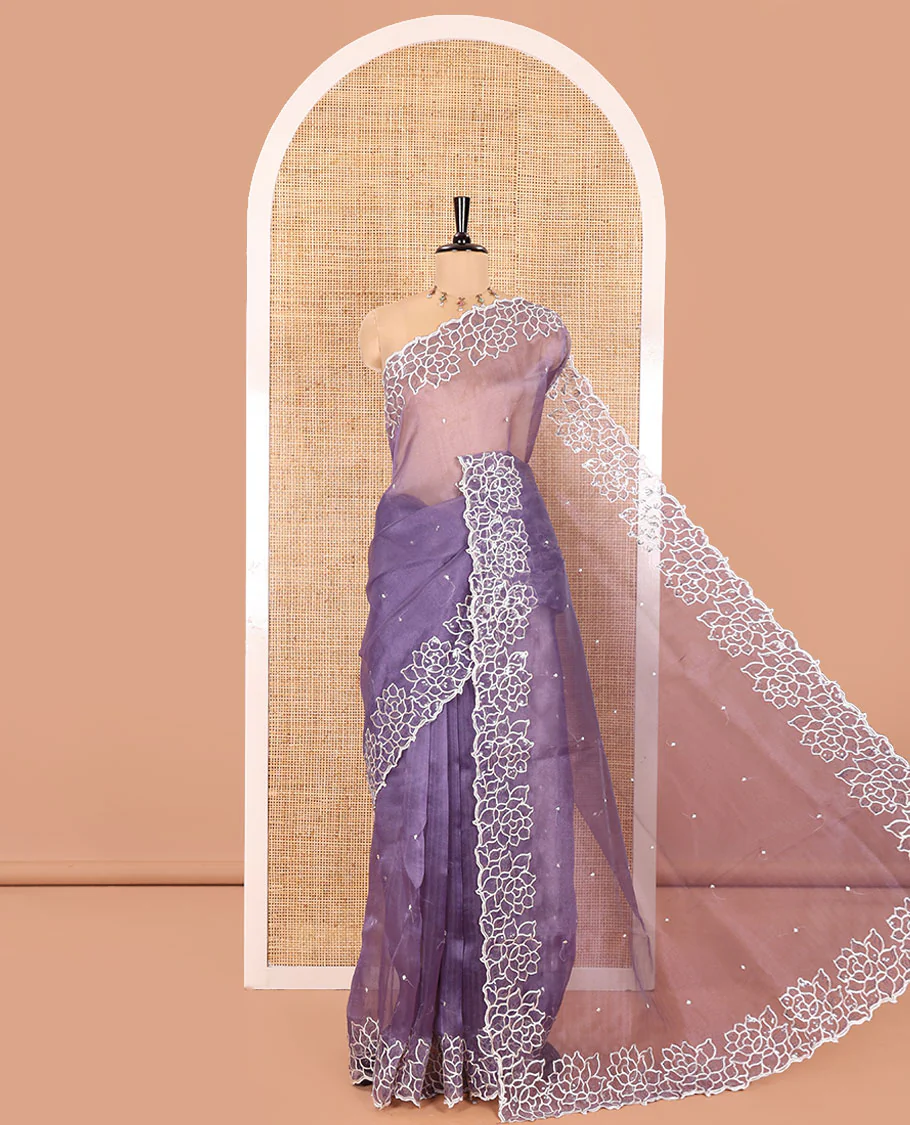 Lavender Organza Saree, Subtly Sparkled with Embroidered Buttas Across Its Body, Highlighted by a Scallop Floral Thread Embroidered Border, a Self-Pallu, and Paired with a Matching Blouse - Image 3