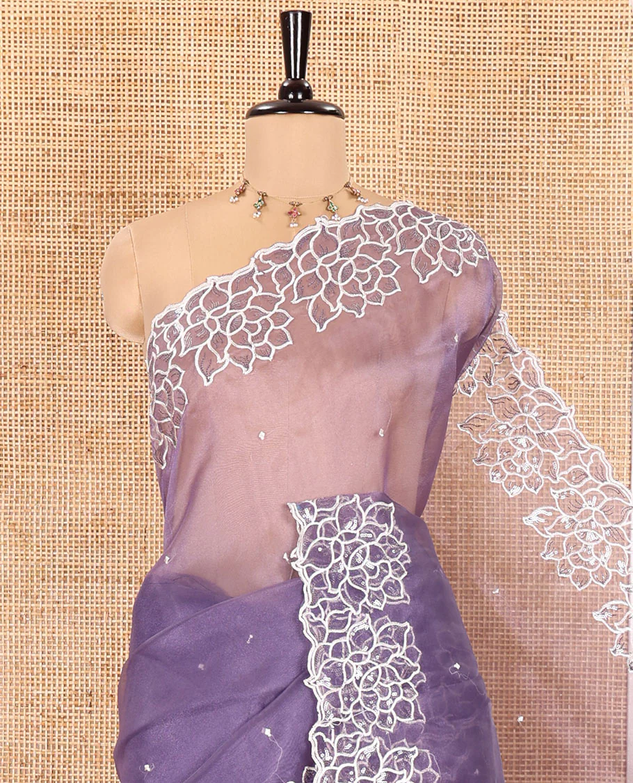 Lavender Organza Saree, Subtly Sparkled with Embroidered Buttas Across Its Body, Highlighted by a Scallop Floral Thread Embroidered Border, a Self-Pallu, and Paired with a Matching Blouse - Image 4