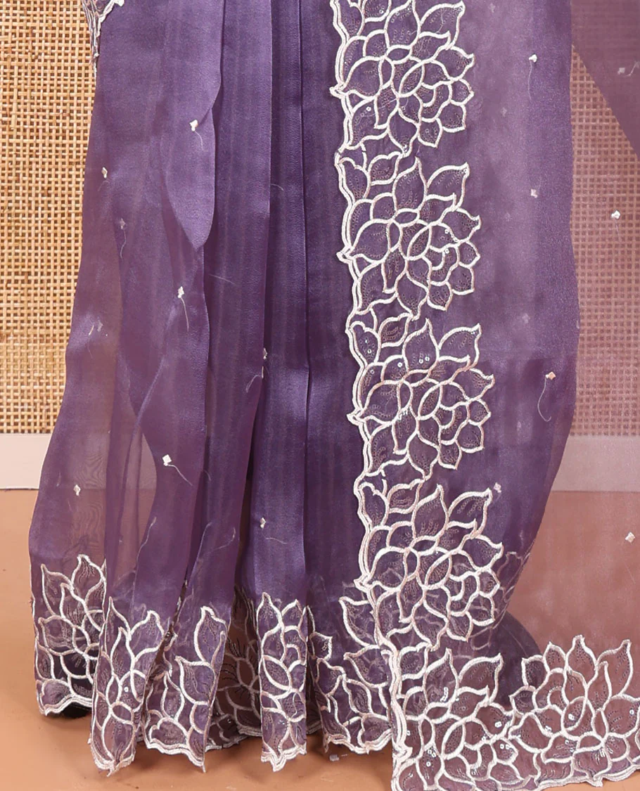 Lavender Organza Saree, Subtly Sparkled with Embroidered Buttas Across Its Body, Highlighted by a Scallop Floral Thread Embroidered Border, a Self-Pallu, and Paired with a Matching Blouse - Image 5