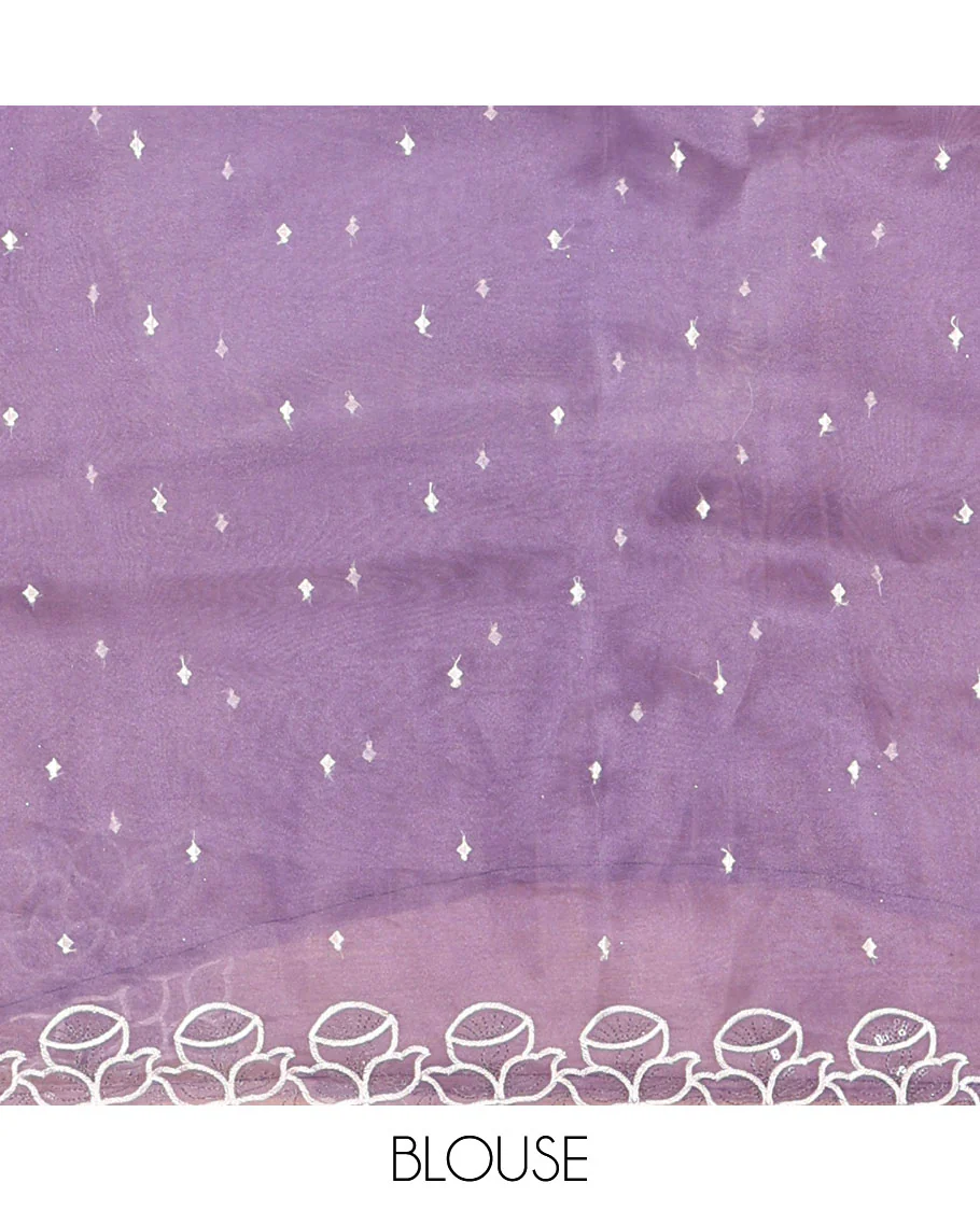 Lavender Organza Saree, Subtly Sparkled with Embroidered Buttas Across Its Body, Highlighted by a Scallop Floral Thread Embroidered Border, a Self-Pallu, and Paired with a Matching Blouse - Image 6