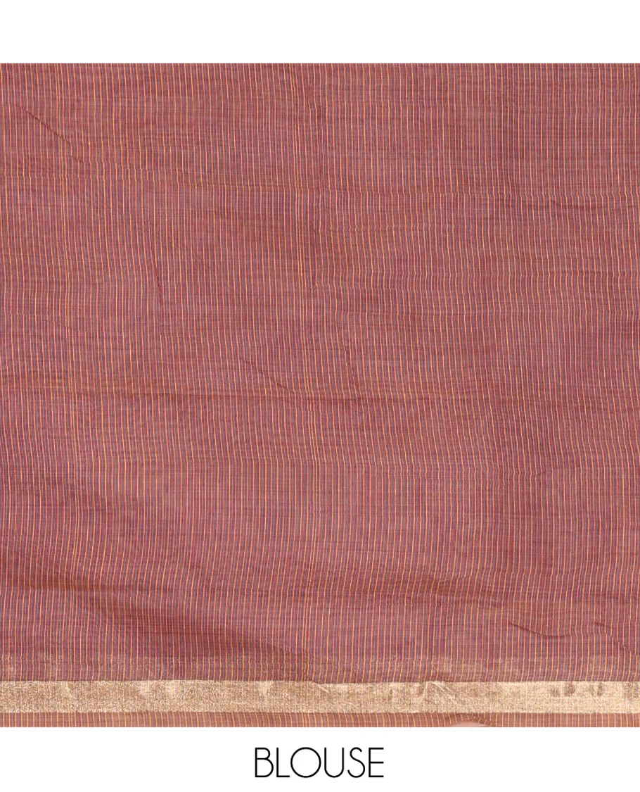 Lavender Plain Jamdani Cotton Saree, Highlighted by a Golden Zari Border, Pallu of Kashmiri-Style Weaving, and Paired with a Contrast Striped Blouse - Image 3