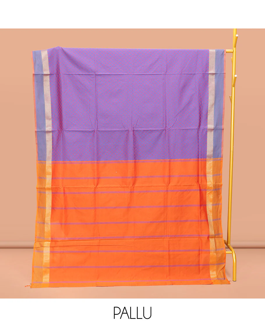 Lavender Poly Cotton Saree, Beautified with Checked Design on Its Body, Highlighted by a Traditional Zari Ara Maadam Border, Complemented by Contrast Striped Pallu, and Paired with a Contrast Blouse - Image 3