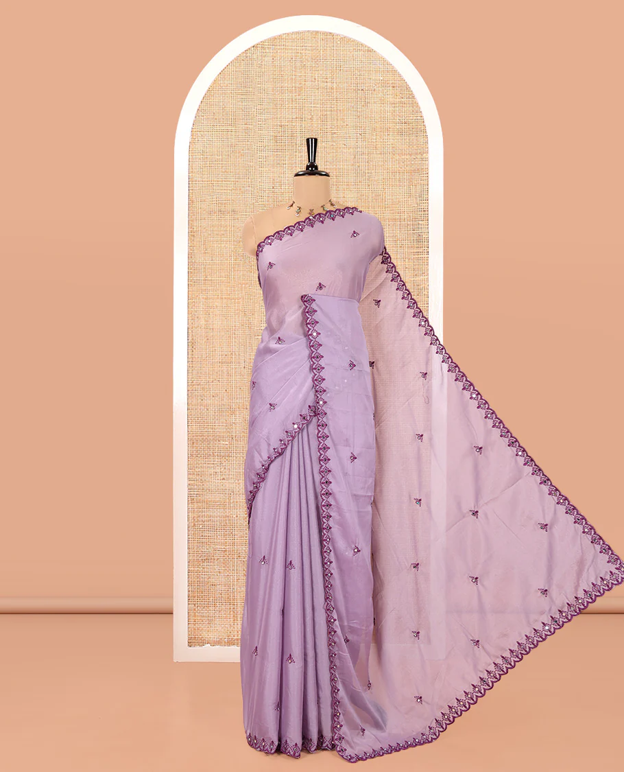 Lavender Rangoli Chiffon Saree, Embellished with Thread and Mirror Work Buttas on Its Body, Subtle Scallop Embroidered Border, Embroidered Pallu, and Paired with a Contrast Mirror Work Blouse