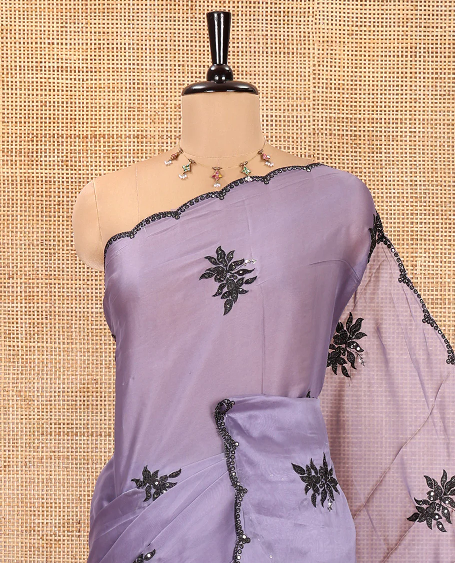 Lavender Rangoli Chiffon Saree, Finely Crafted with Floral Embroidery Motifs on Its Body, Scallop Embroidered Border, Embroidered Pallu, and Paired with a Contrast Blouse - Image 2