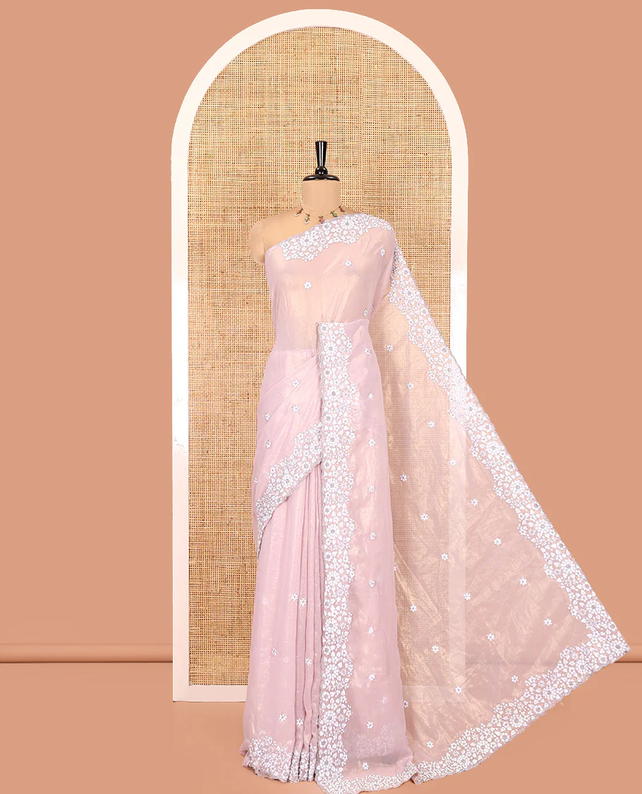Lavender Shimmer Chiffon Saree, Artfully Detailed with Floral Embroidery on Its Body, Scallop Floral Embroidery Border, a Self-Pallu, and Paired with a Matching Embroidered Blouse