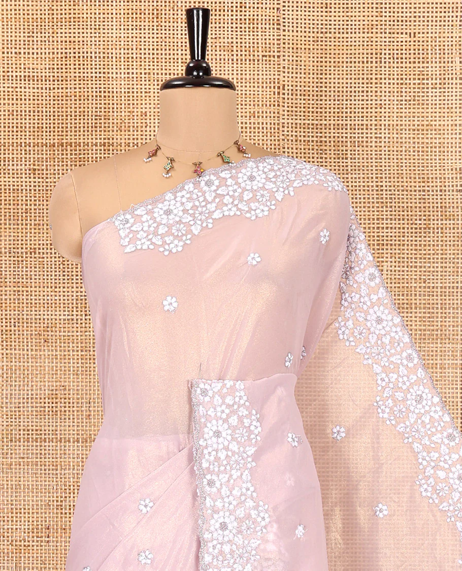 Lavender Shimmer Chiffon Saree, Artfully Detailed with Floral Embroidery on Its Body, Scallop Floral Embroidery Border, a Self-Pallu, and Paired with a Matching Embroidered Blouse - Image 2