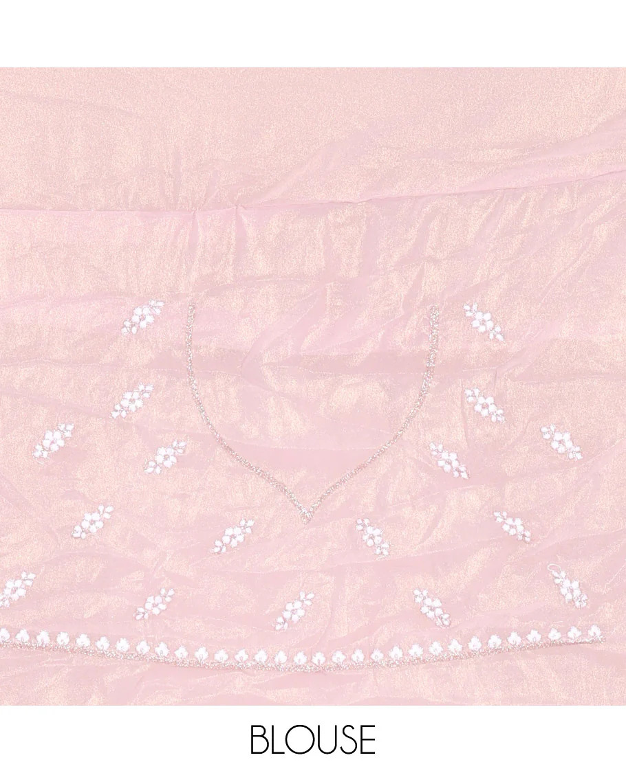 Lavender Shimmer Chiffon Saree, Artfully Detailed with Floral Embroidery on Its Body, Scallop Floral Embroidery Border, a Self-Pallu, and Paired with a Matching Embroidered Blouse - Image 4