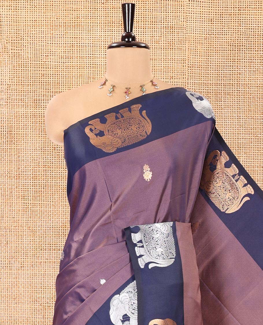 Lavender Soft Silk Saree, Elevated With Zari Buttas All Over Its Body, Complemented by Captivating Contrast Border of Elephant Motifs, Grandly Decked Up Pallu, and Paired with a Contrast Blouse - Image 2