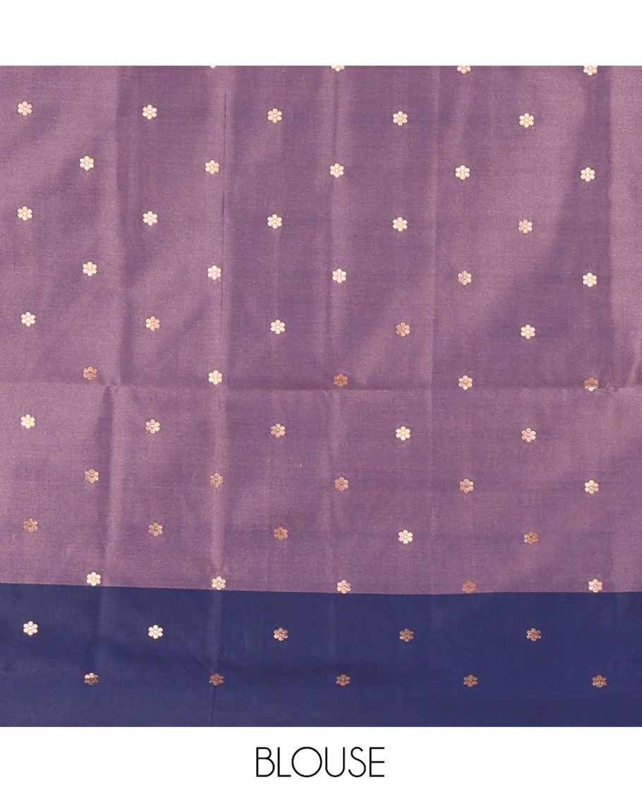 Lavender Soft Silk Saree, Elevated With Zari Buttas All Over Its Body, Complemented by Captivating Contrast Border of Elephant Motifs, Grandly Decked Up Pallu, and Paired with a Contrast Blouse - Image 3