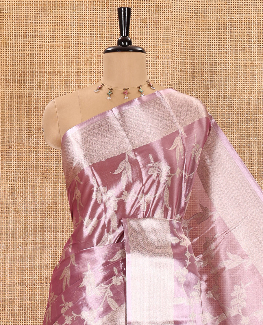 Lavender Tissue Silk Saree Adorned with Floral Vine Brocade in Rose Copper Zari, Featuring a Traditional Zari Design Border, Pallu Steeped with Floral Motifs, and Paired with a Matching Floral Brocade Blouse - Image 2