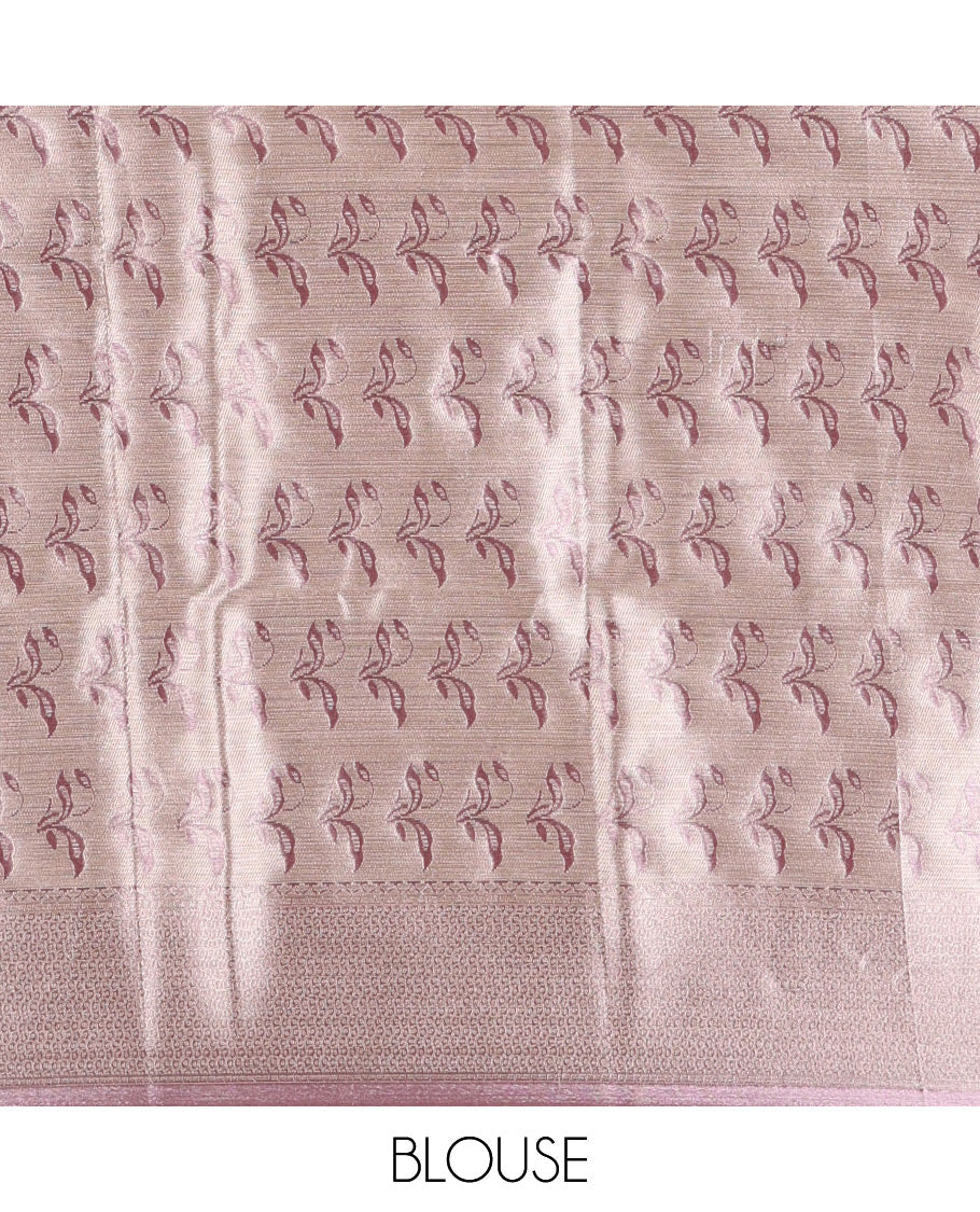 Lavender Tissue Silk Saree Adorned with Floral Vine Brocade in Rose Copper Zari, Featuring a Traditional Zari Design Border, Pallu Steeped with Floral Motifs, and Paired with a Matching Floral Brocade Blouse - Image 3