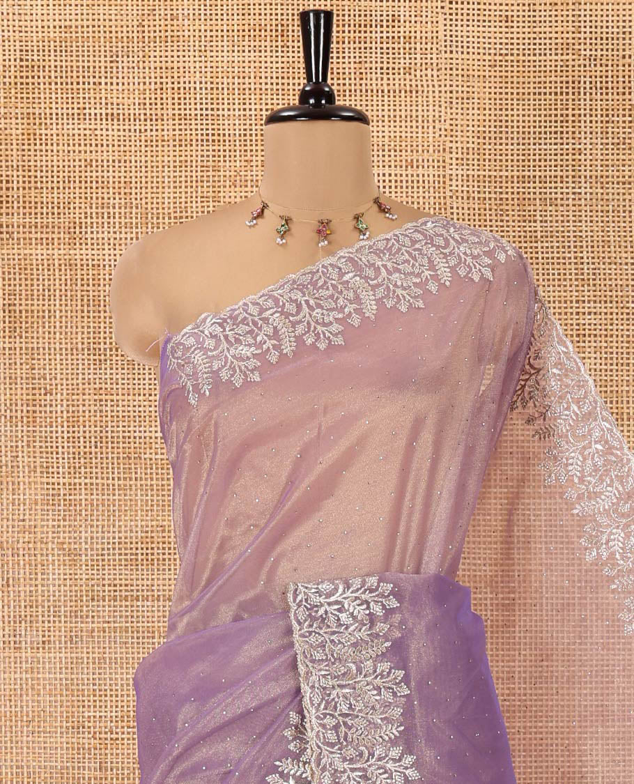 Lavender Twill Net Saree, Gleamed Up with Stone Work, Highlighted by a Scallop Embroidered Border, and Paired with a Matching Blouse - Image 2