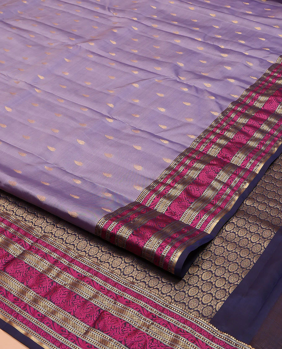 Lavender Vasundhara Lite Silk Mix Saree, Embellished with Zari Buttas on Its Body, Complemented by a Contrast Border of Rekku, Muthu, and Kodi Visiry Designs, Pallu Steeped with Chakram Designs, and Paired with a Contrast Blouse - Image 2