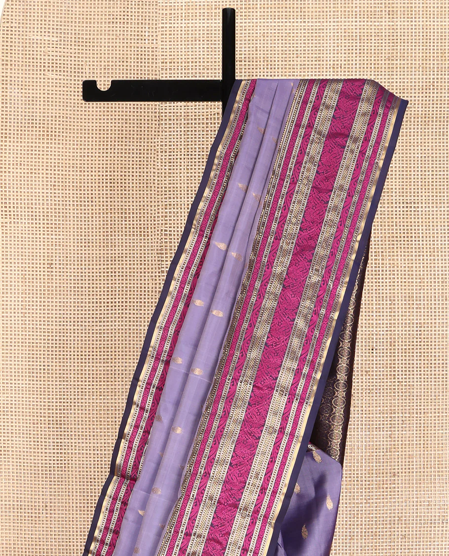 Lavender Vasundhara Lite Silk Mix Saree, Embellished with Zari Buttas on Its Body, Complemented by a Contrast Border of Rekku, Muthu, and Kodi Visiry Designs, Pallu Steeped with Chakram Designs, and Paired with a Contrast Blouse - Image 3
