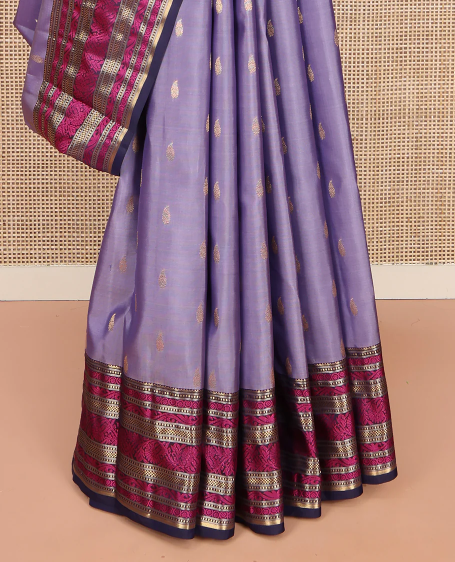 Lavender Vasundhara Lite Silk Mix Saree, Embellished with Zari Buttas on Its Body, Complemented by a Contrast Border of Rekku, Muthu, and Kodi Visiry Designs, Pallu Steeped with Chakram Designs, and Paired with a Contrast Blouse - Image 4