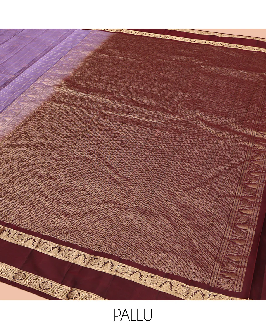 Lavender Vasundhara Lite Silk Mix Saree, Enriched with Mayil Chakram Butta Enclosed Checks, Complemented by a Contrast Rettai Pettu Border of Thazampoo Rekku, Mayil, and Chakram Designs, Boldly Accentuated Pallu, and Paired with a Contrast Blouse - Image 5