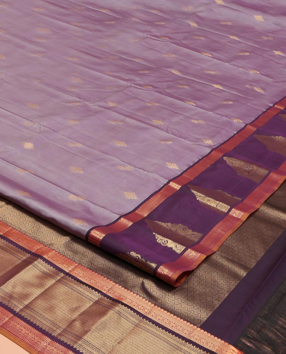 Lavender Vasundhara Lite Silk Mix Saree, Spotlighted with Zari Buttas on Its Body, Complemented by a Contrast Border of Thilakam Mokku, Mayil, and Yaali Designs, a Grandly Zari Decked Up Pallu, and Paired with a Contrast Blouse - Image 2