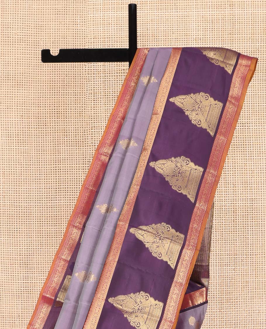 Lavender Vasundhara Lite Silk Mix Saree, Spotlighted with Zari Buttas on Its Body, Complemented by a Contrast Border of Thilakam Mokku, Mayil, and Yaali Designs, a Grandly Zari Decked Up Pallu, and Paired with a Contrast Blouse - Image 3