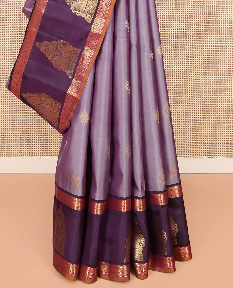 Lavender Vasundhara Lite Silk Mix Saree, Spotlighted with Zari Buttas on Its Body, Complemented by a Contrast Border of Thilakam Mokku, Mayil, and Yaali Designs, a Grandly Zari Decked Up Pallu, and Paired with a Contrast Blouse - Image 4