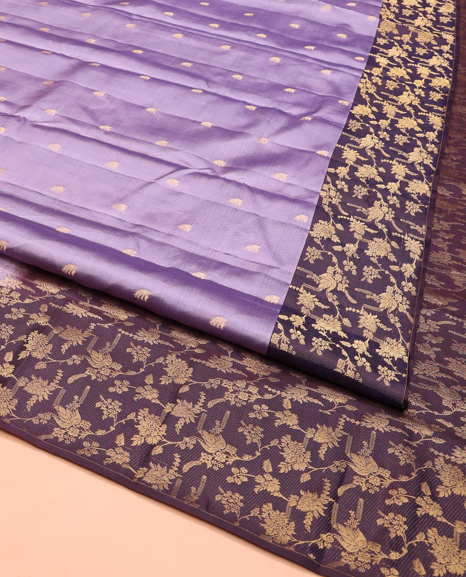 Lavender Vasundhara Silk Saree, Ornamented with Zari Buttas on Its Body, Complemented by Contrast Zari Border of Floral Jaal Designs, Gracefully Embellished Pallu of Floral Jaal Designs, and Paired with a Contrast Blouse - Image 2