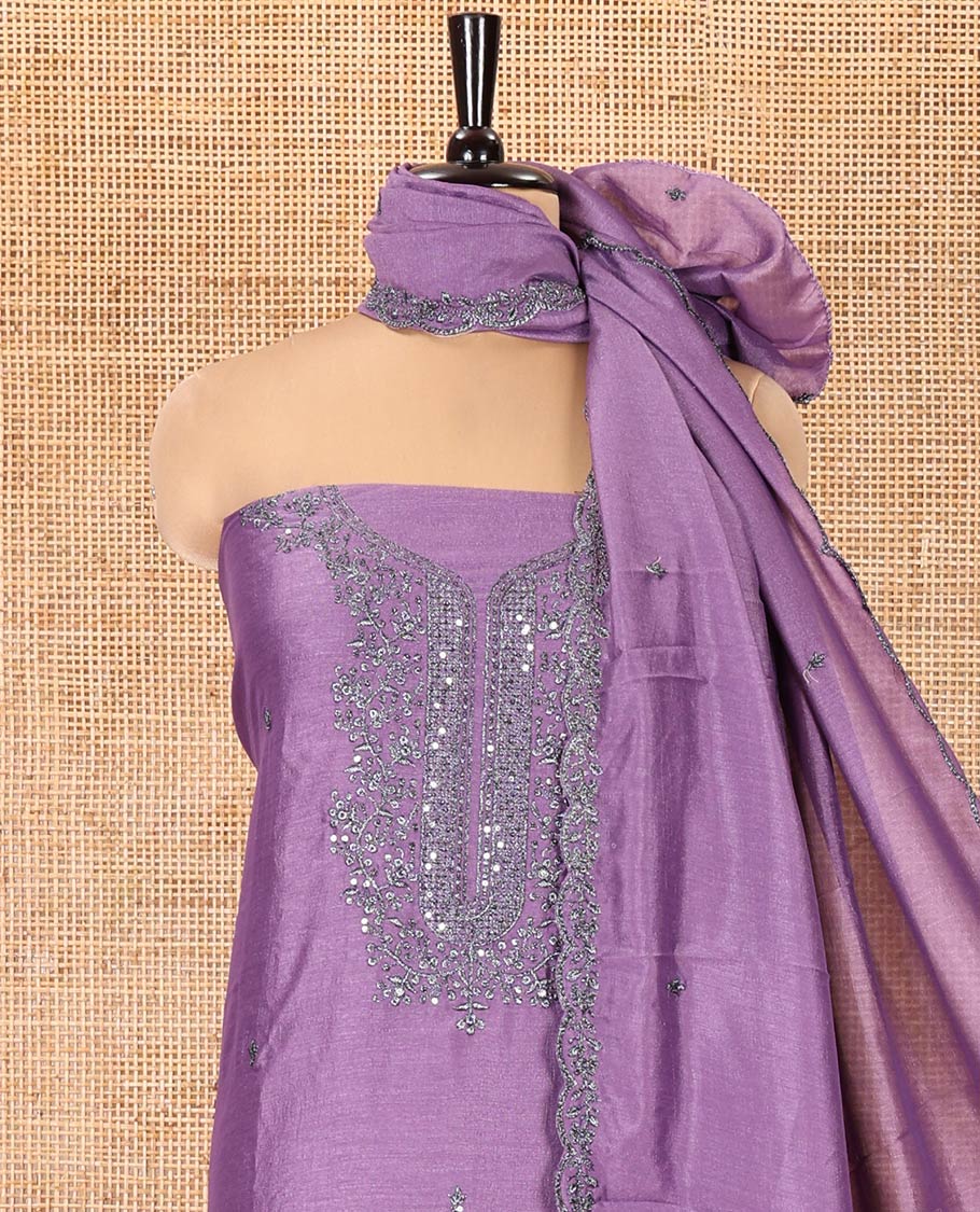 Lavender Vichitra Silk Material Chudidar Set, Sparsely Woven with Embroidered Top, a Plain Santoon Bottom, and Paired with a Matching Vichitra Silk Embroidered Scallop Dupatta - Image 3