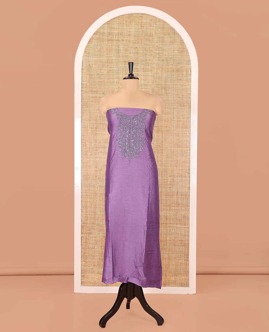 Lavender Vichitra Silk Material Chudidar Set, Sparsely Woven with Embroidered Top, a Plain Santoon Bottom, and Paired with a Matching Vichitra Silk Embroidered Scallop Dupatta - Image 4